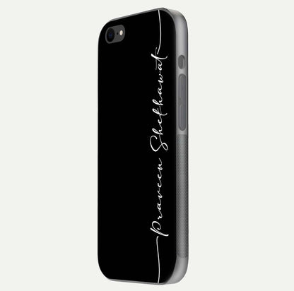 Black Tune Custom Name Glass Case for iPhone 8 side-angle photo showing mirror-like surface and slim profile
