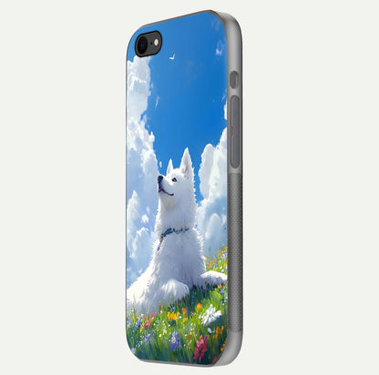 Blissful Cloud Pup Glass Case for iPhone 8 side-angle shot displaying puppy print and glossy texture