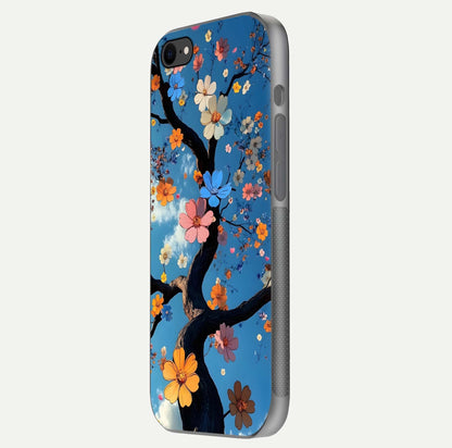 Blossom Dream Sky Glass Case for iPhone 8 side-angle photo showing flower details, edge curve, and reflection shine