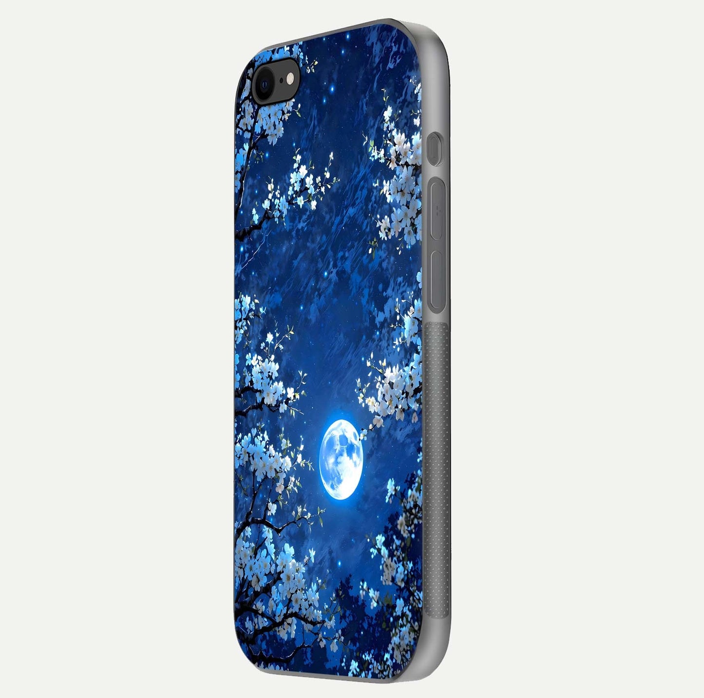 Blossom Moonlight Sky Glass Case for iPhone 8 side-angle view emphasizing moonlight tones and protective edge