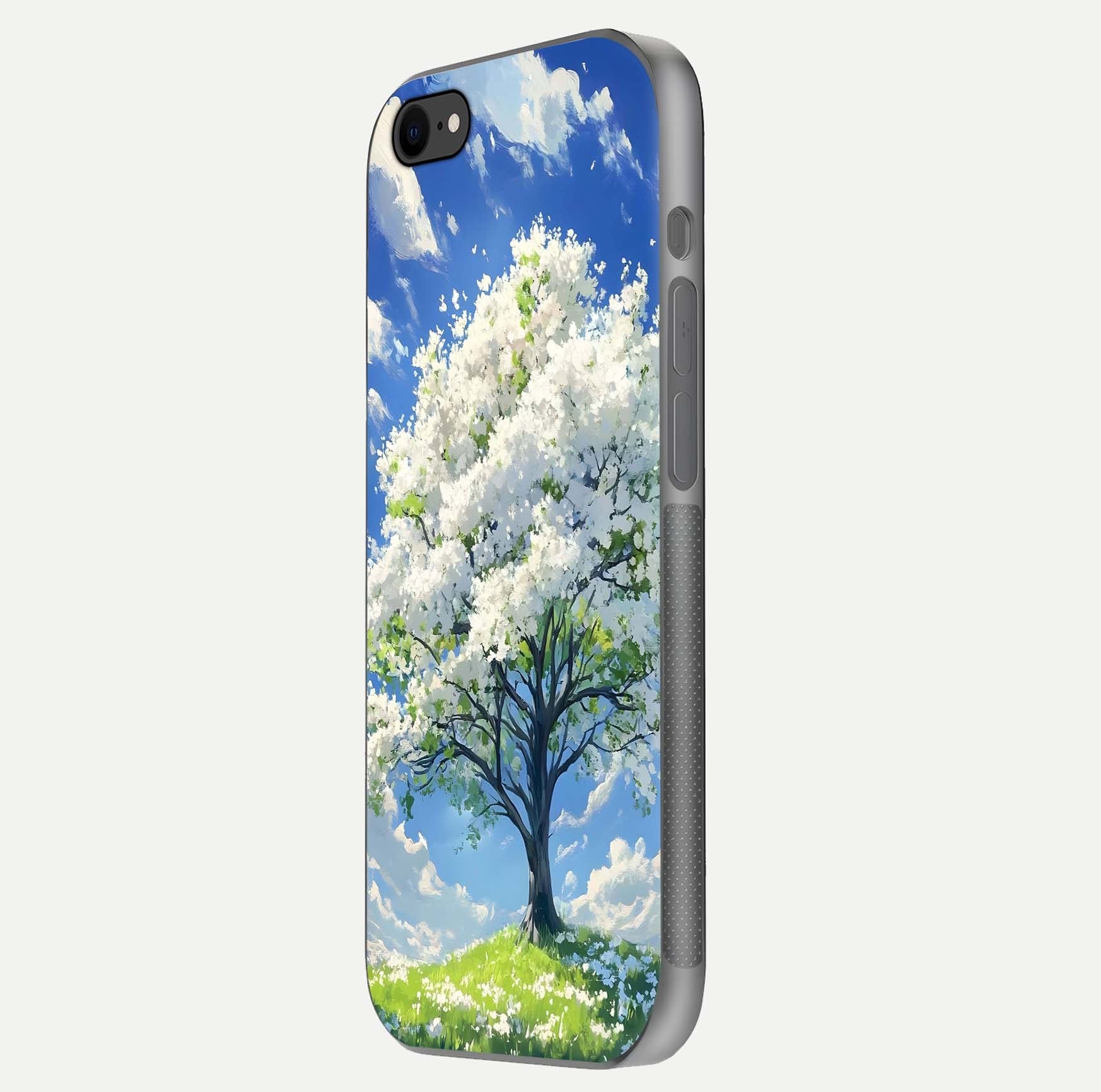 Blossom Sky Serenity Glass Case for iPhone 8 side-angle image showing elegant edge flow and light reflection