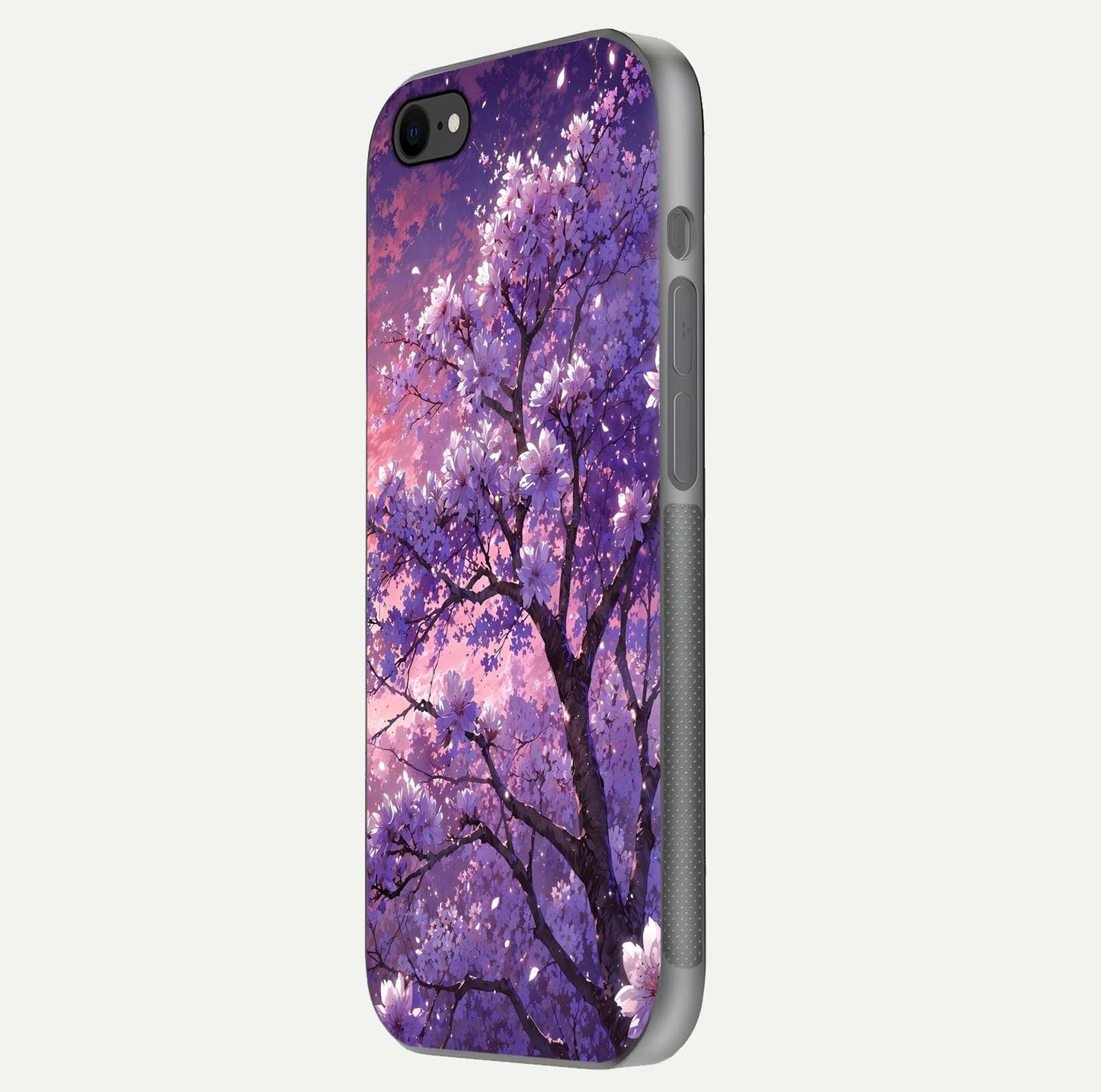 Blossom Tree Glass Case for iPhone 8 side-angle image showing floral tree artwork and reflection gloss