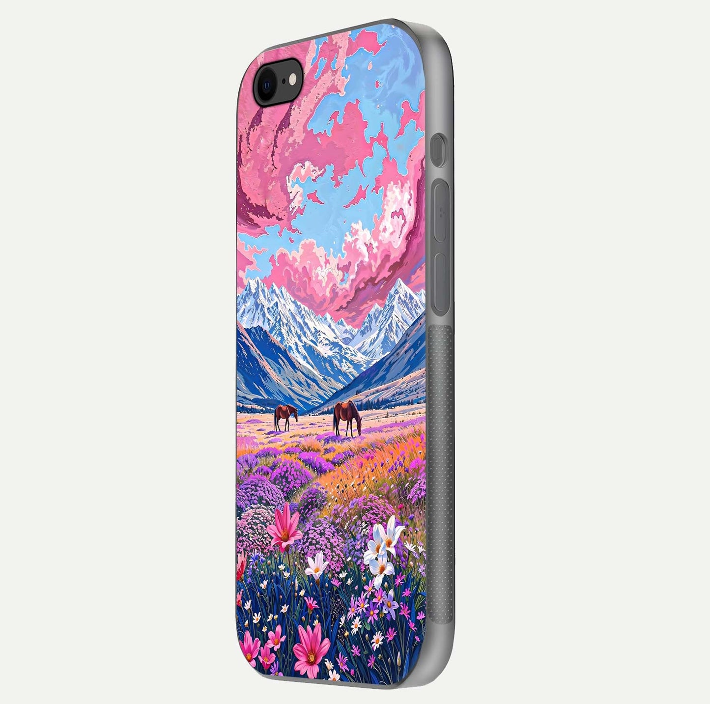 Blossom Valley Dream Glass Case for iPhone 8 side-angle shot showcasing bloom tones and gloss texture