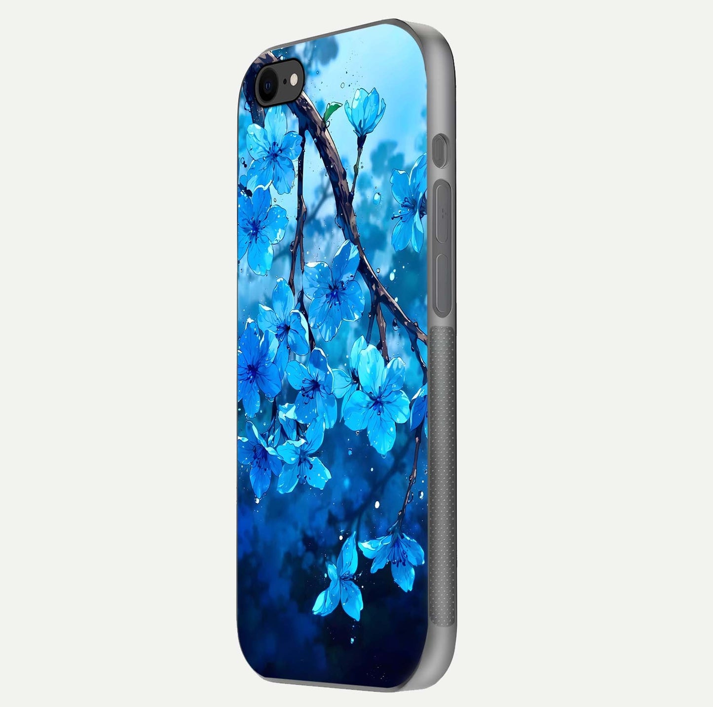 Blue Blossoms Branch Glass Case for iPhone 8 side-angle image showing blossom pattern flow and glossy texture