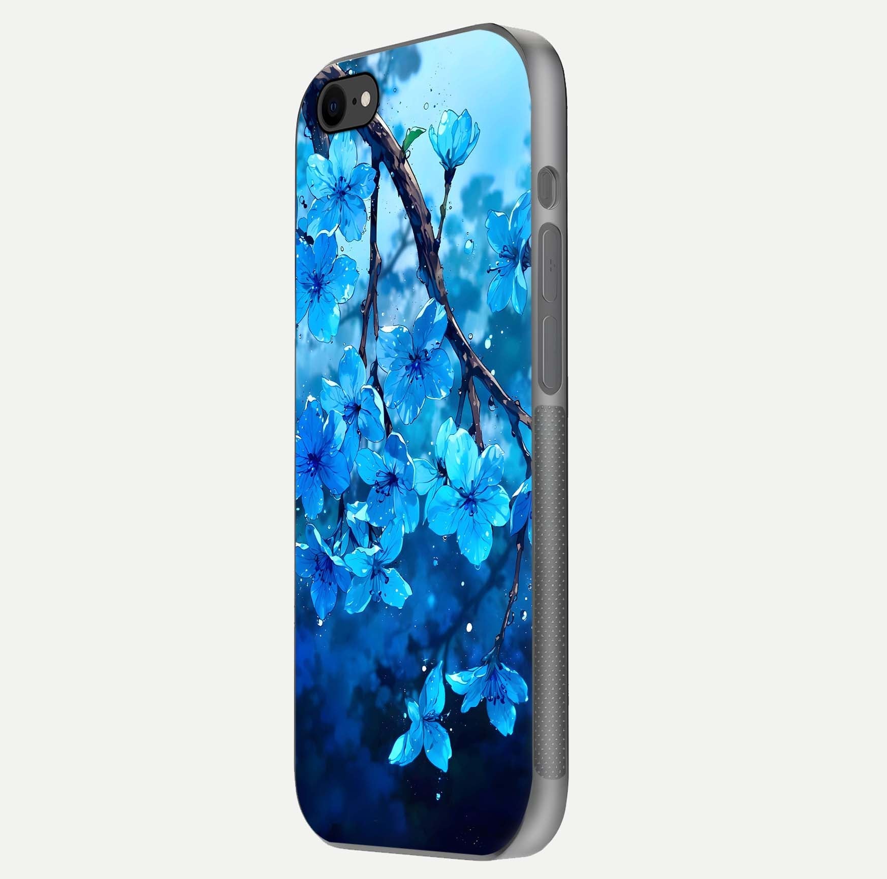 Blue Blossoms Branch Glass Case for iPhone 8 side-angle image showing blossom pattern flow and glossy texture
