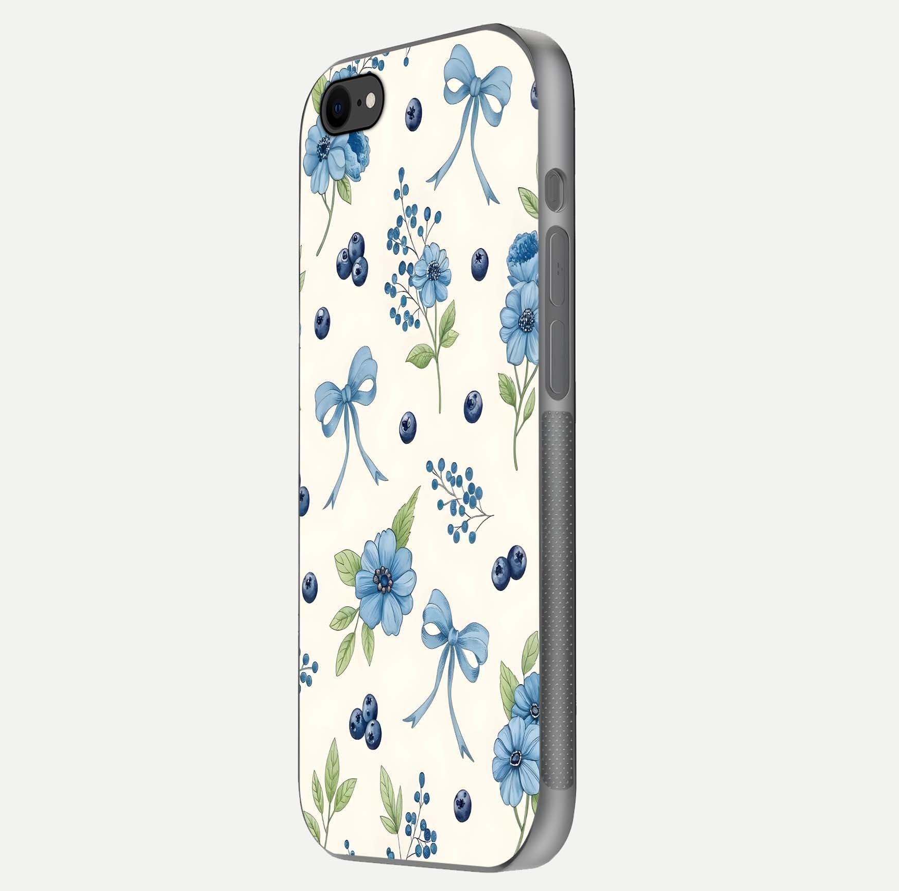 Blue Flower & Bow Glass Case for iPhone 8 side-angle image showing bow-floral mix and HD finish shine