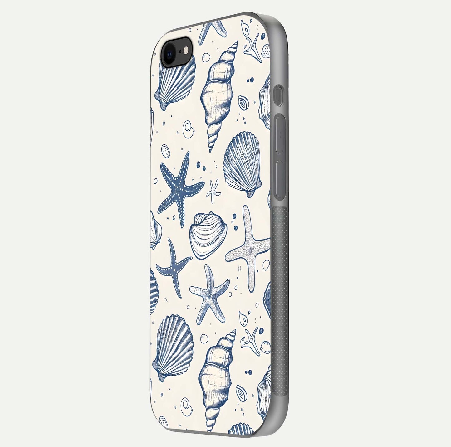 Blue Ocean Outline Glass Case for iPhone 8 side-angle view showing clear edge lines and oceanic blue glow