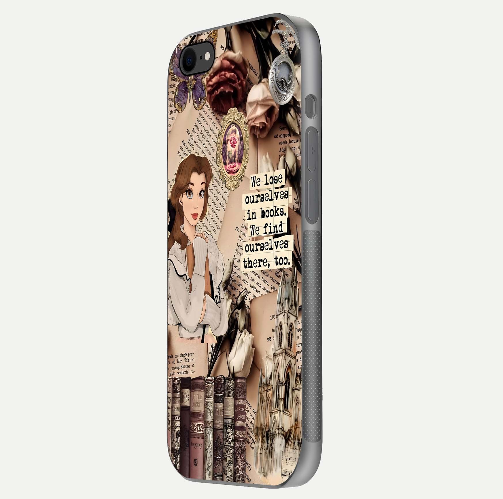 Bookish Dream World Glass Case for iPhone 8 side-angle image showing detail depth and smooth corner polish