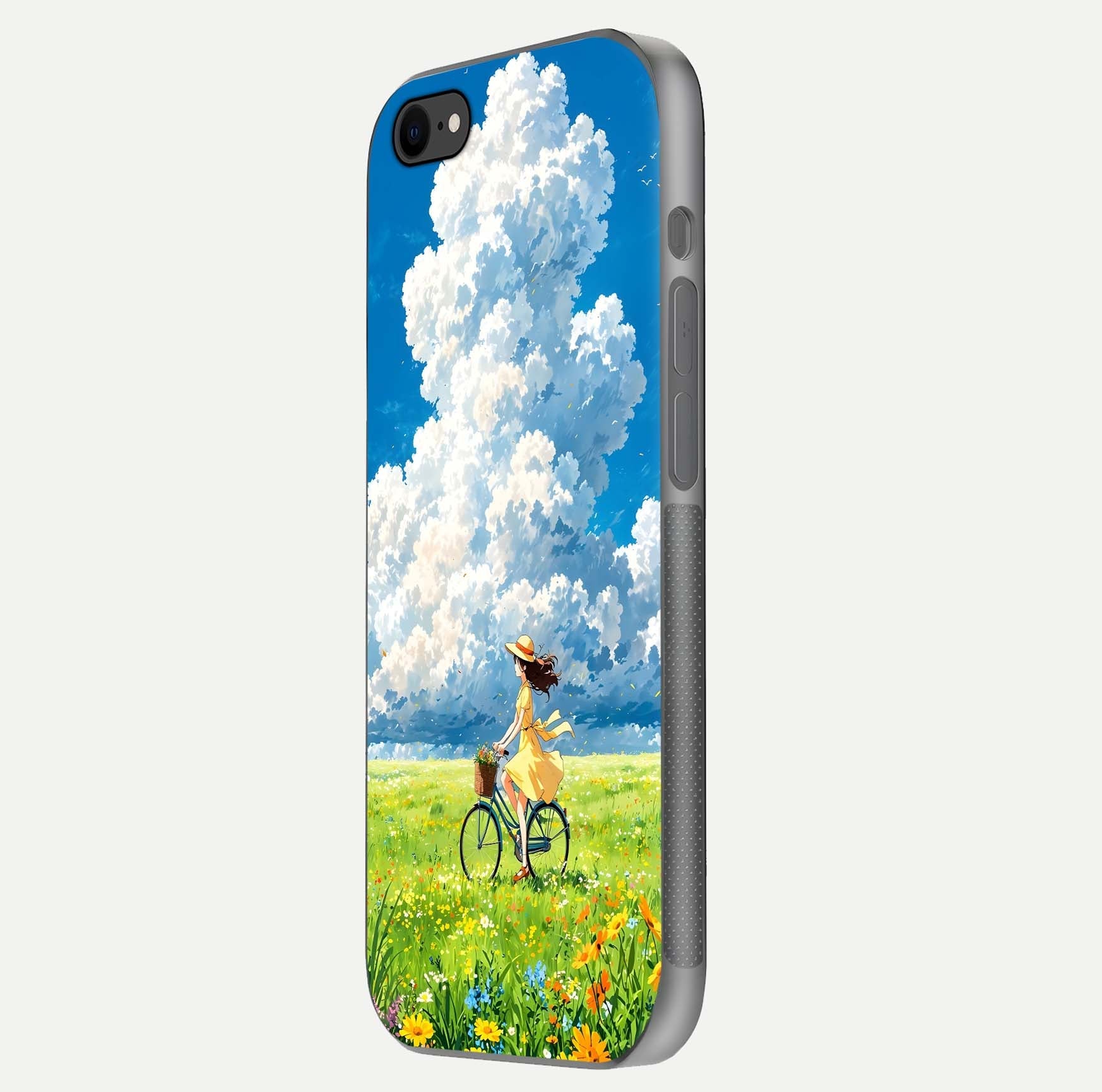 Breezy Meadow Ride Glass Case for iPhone 8 side-angle image showing floral details and edge glow