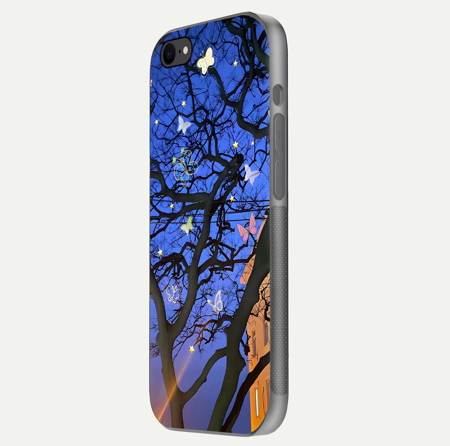 Butterfly Night Magic Glass Case for iPhone 8 side-angle view capturing butterfly contrast and glossy depth