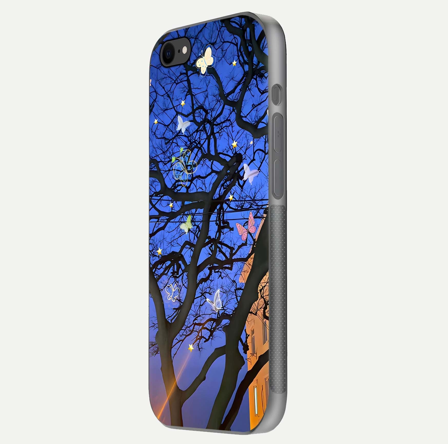 Butterfly Night Magic Glass Case for iPhone 8 side-angle view capturing butterfly contrast and glossy depth