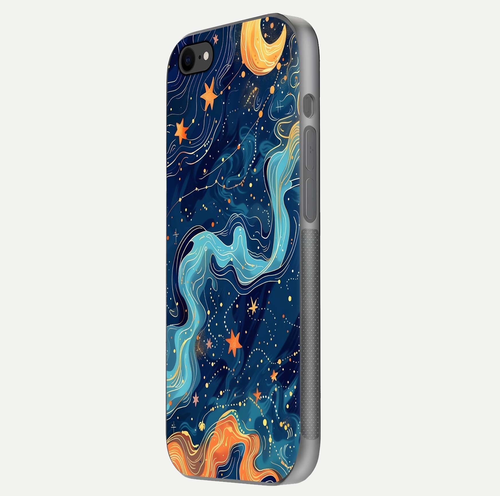 Celestial Dream Flow Glass Case for iPhone 8 side-angle image capturing color swirl and glass reflection
