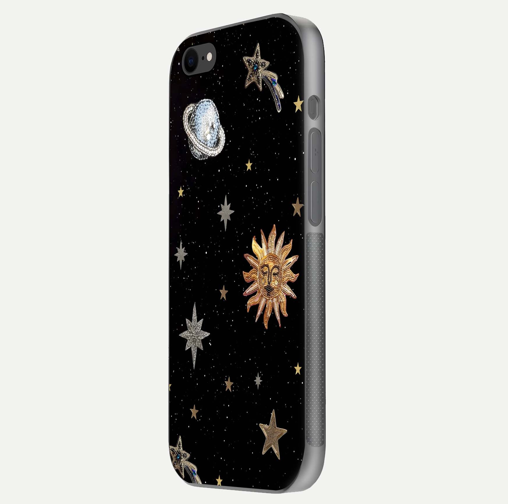 Celestial Moon With Stars Glass Case for iPhone 8 side-angle view showing curved edges and shimmer glow
