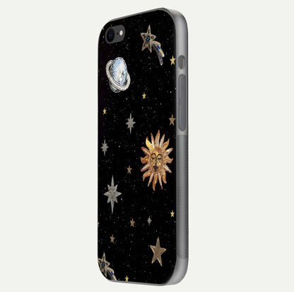 Celestial Moon With Stars Glass Case for iPhone 8 side-angle view showing curved edges and shimmer glow