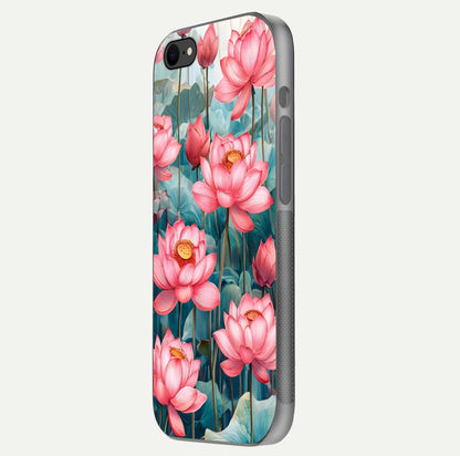 Celestial Pink Lotus Glass Case for iPhone 8 side-angle image showing reflective shine and petal curve