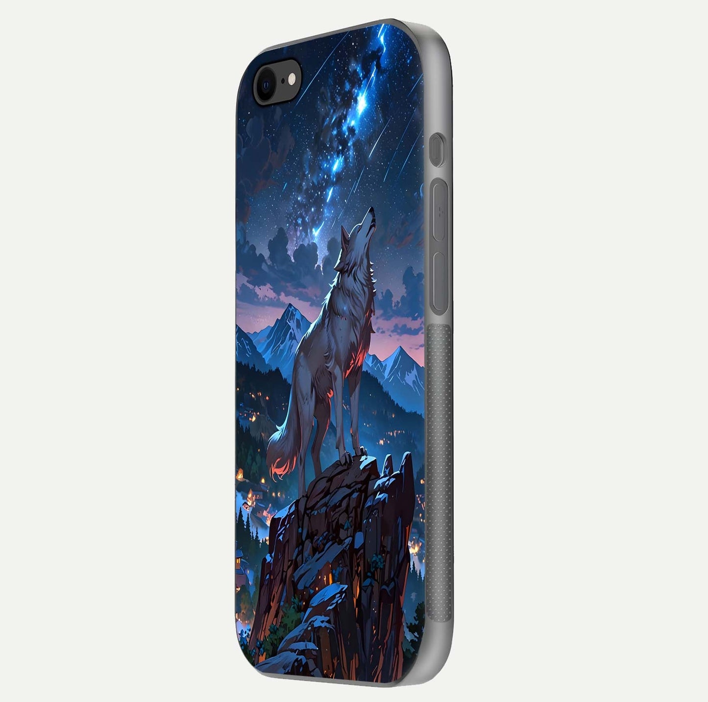 Celestial Wolf Howl Glass Case for iPhone 8 side-angle image showing curve polish and moon glow
