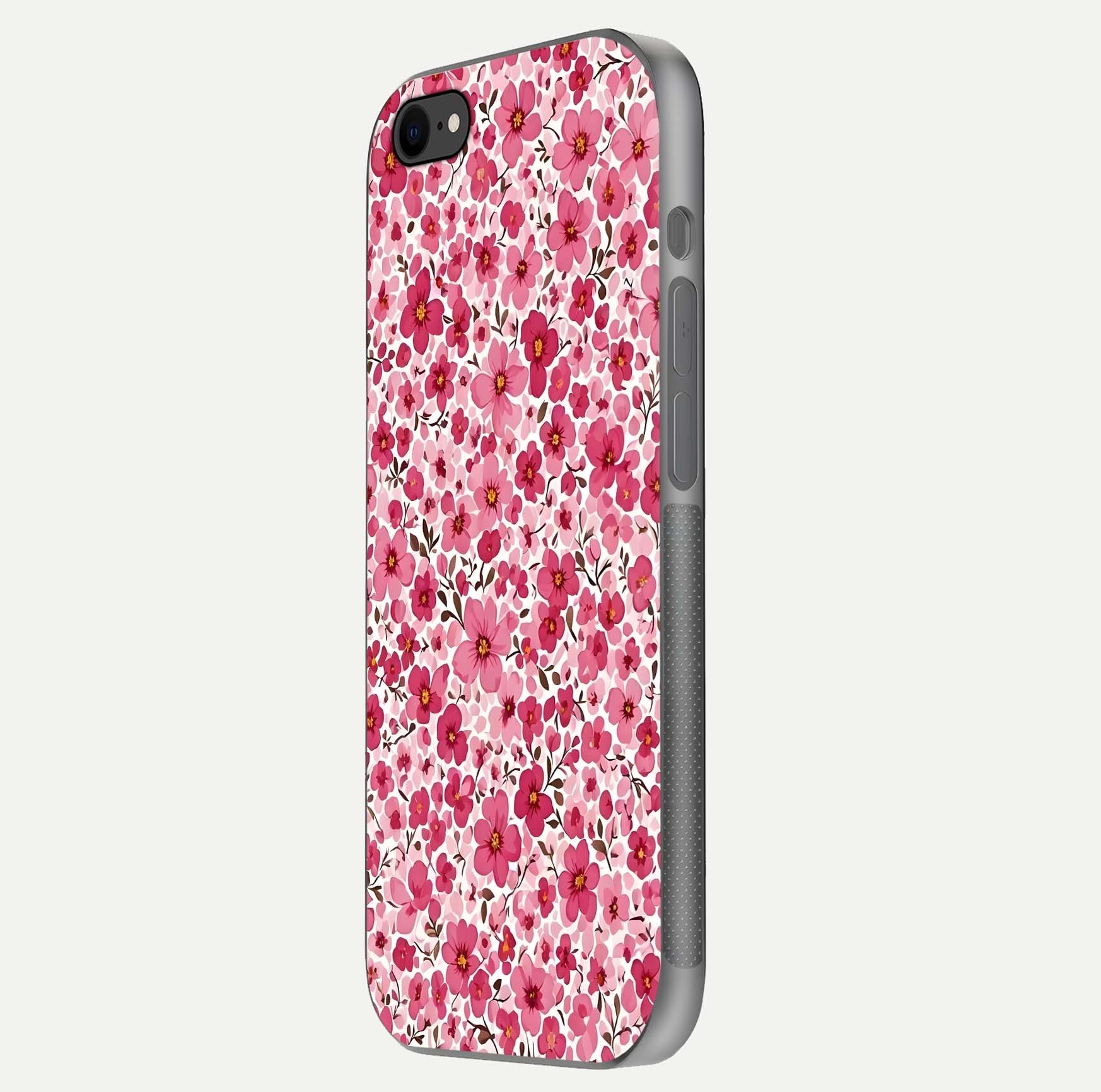 Cherry Blossom Charm Glass Case for iPhone 8 side-angle image showing reflection gloss and soft texture