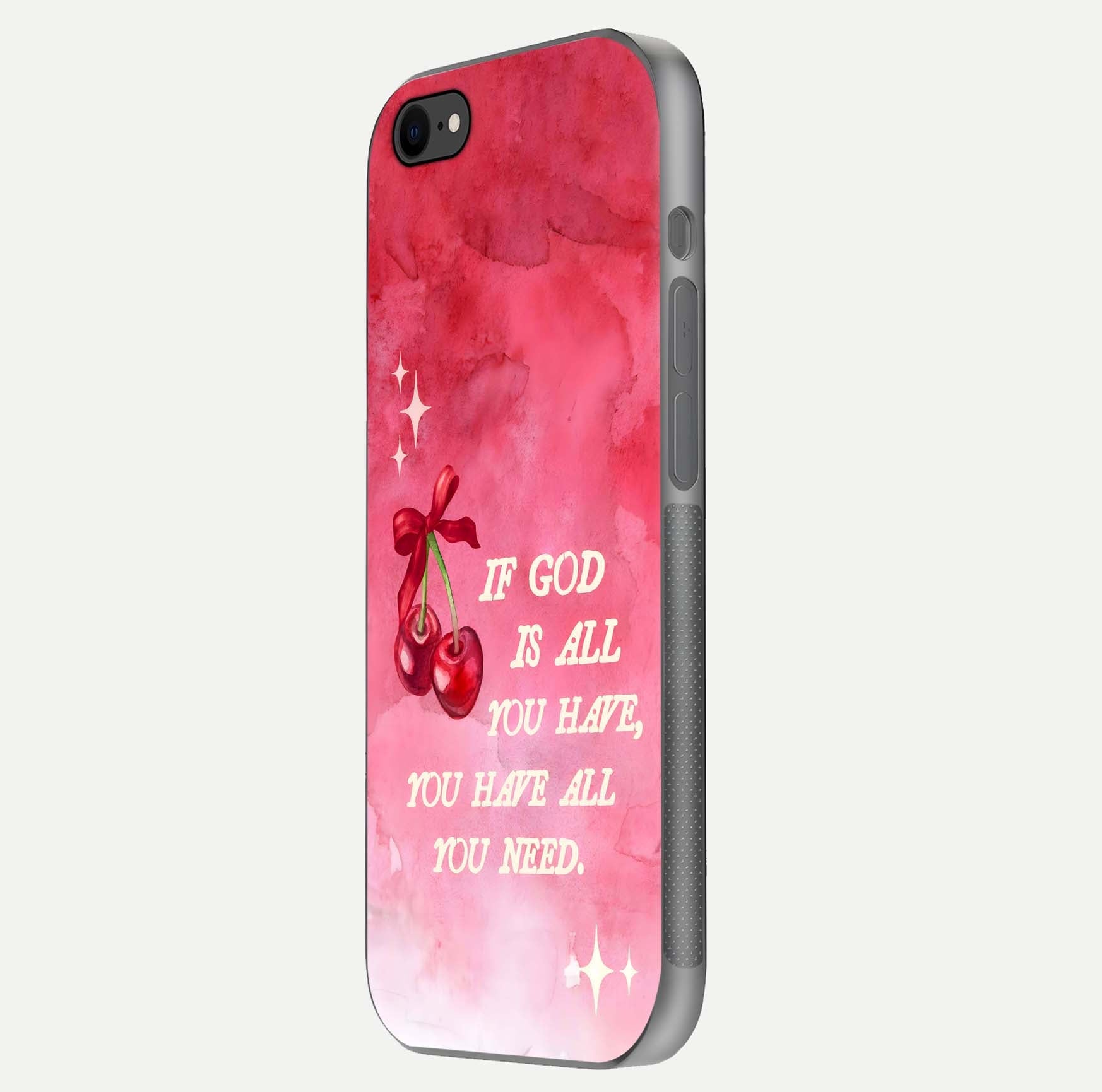 Cherry Quote Glass Case for iPhone 8 side-angle image showing curve glow and glass detail