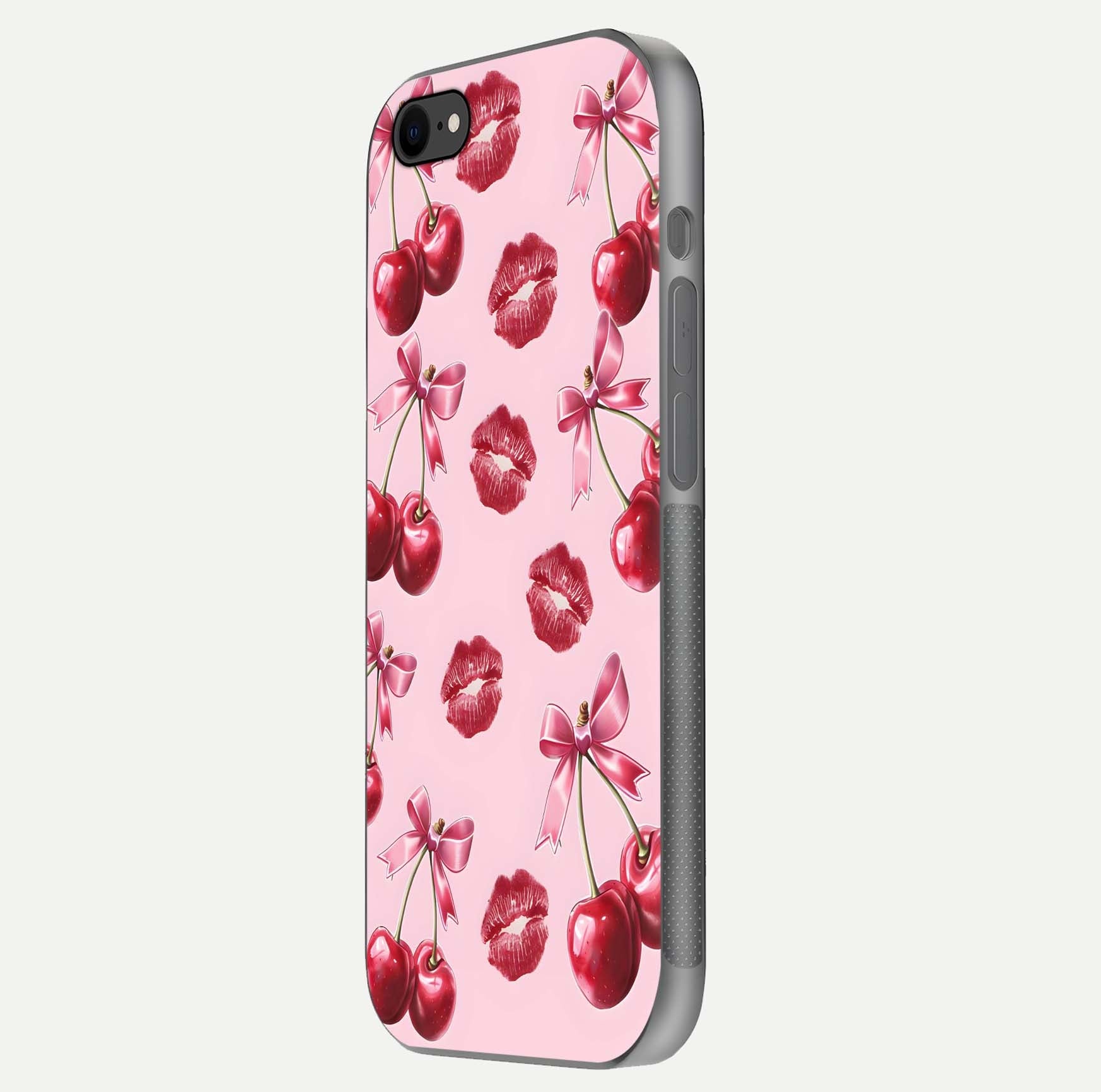 Cherry With Lips Glass Case for iPhone 8 side-angle image showing gloss reflection and fine details