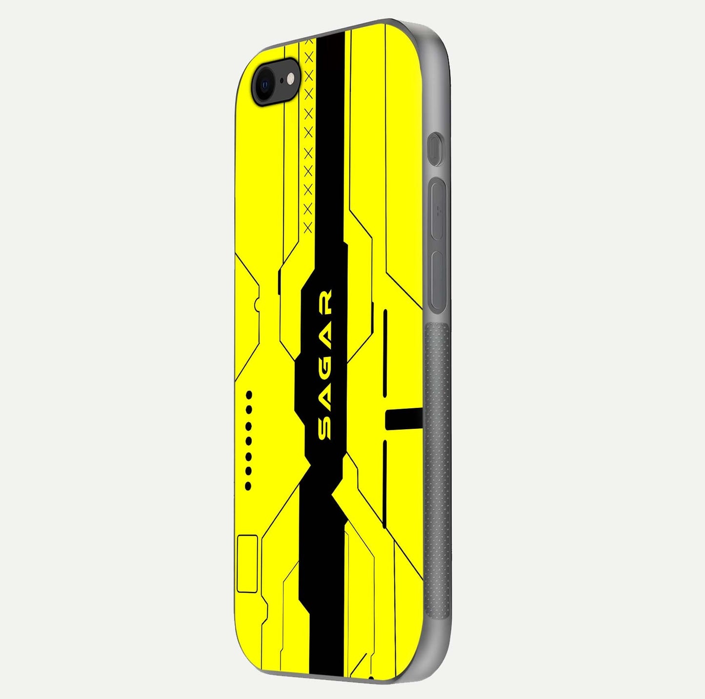 Circuit CYBERPUNK Custom Name Glass Case for iPhone 8 side-angle image showing reflective finish and design precision