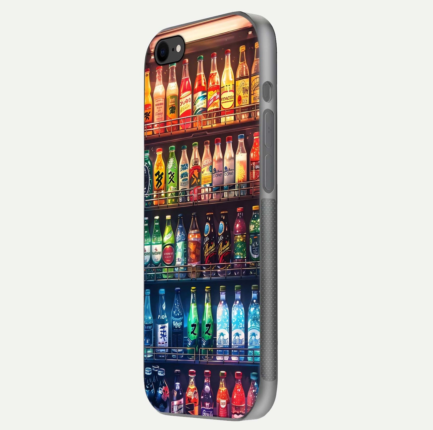 Colorful Soda Bottles Glass Case for iPhone 8 side-angle photo showing polish shine and texture depth