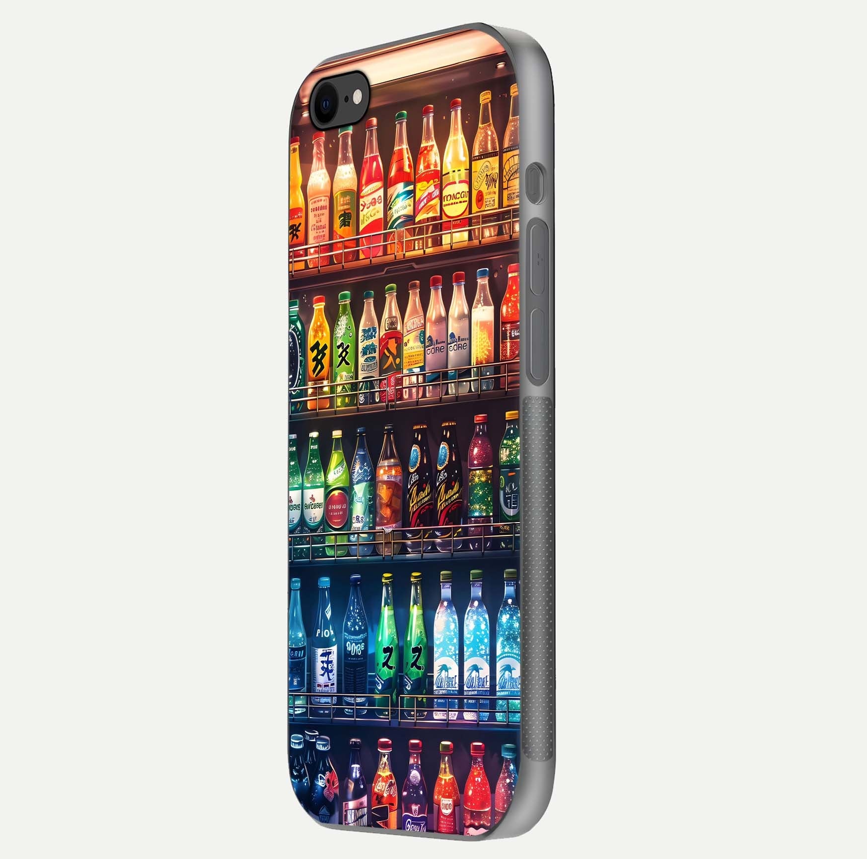 Colorful Soda Bottles Glass Case for iPhone 8 side-angle photo showing polish shine and texture depth