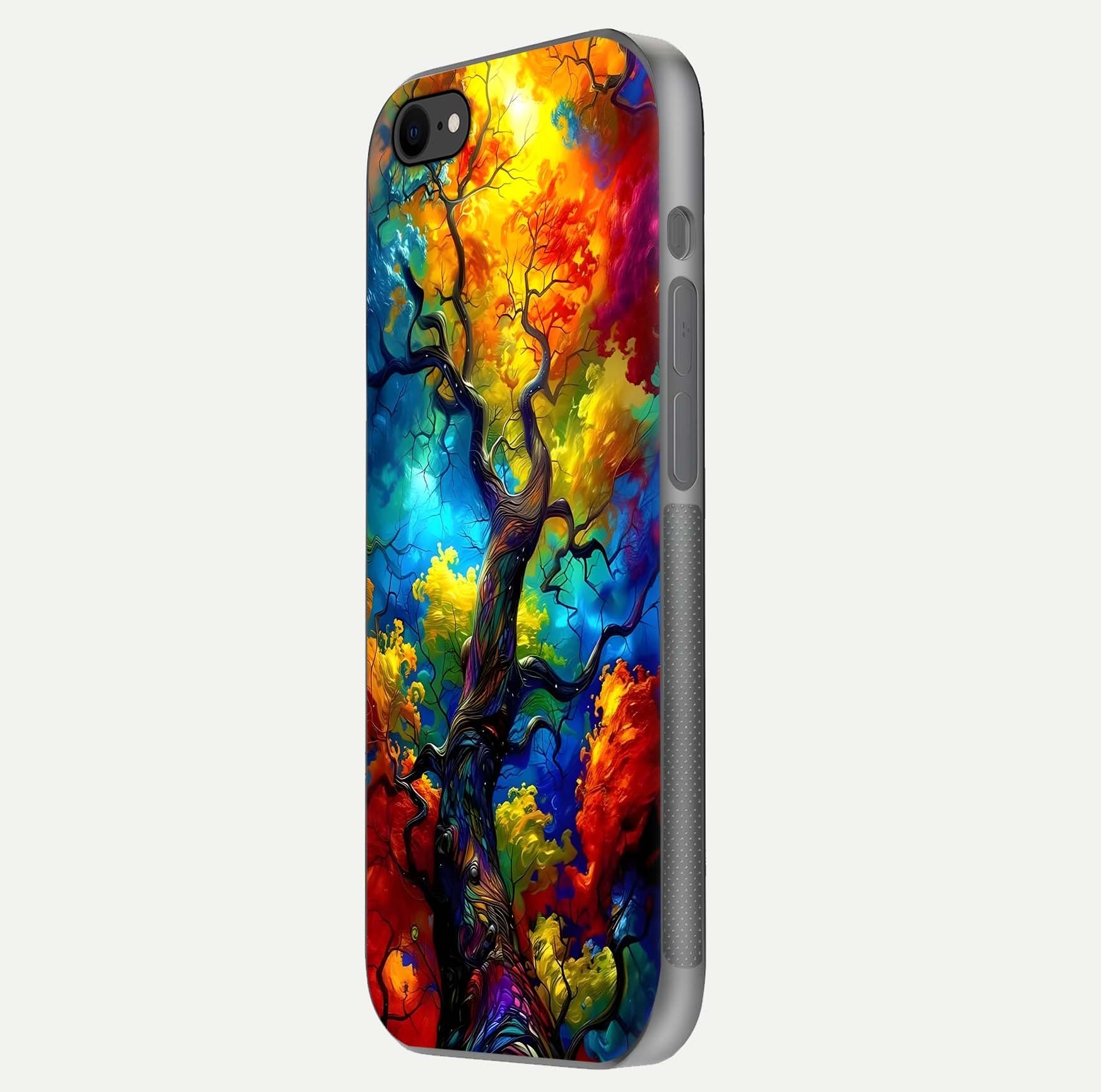 Colorful Tree Glass Case for iPhone 8 side-angle image showing curve reflection and fine print texture