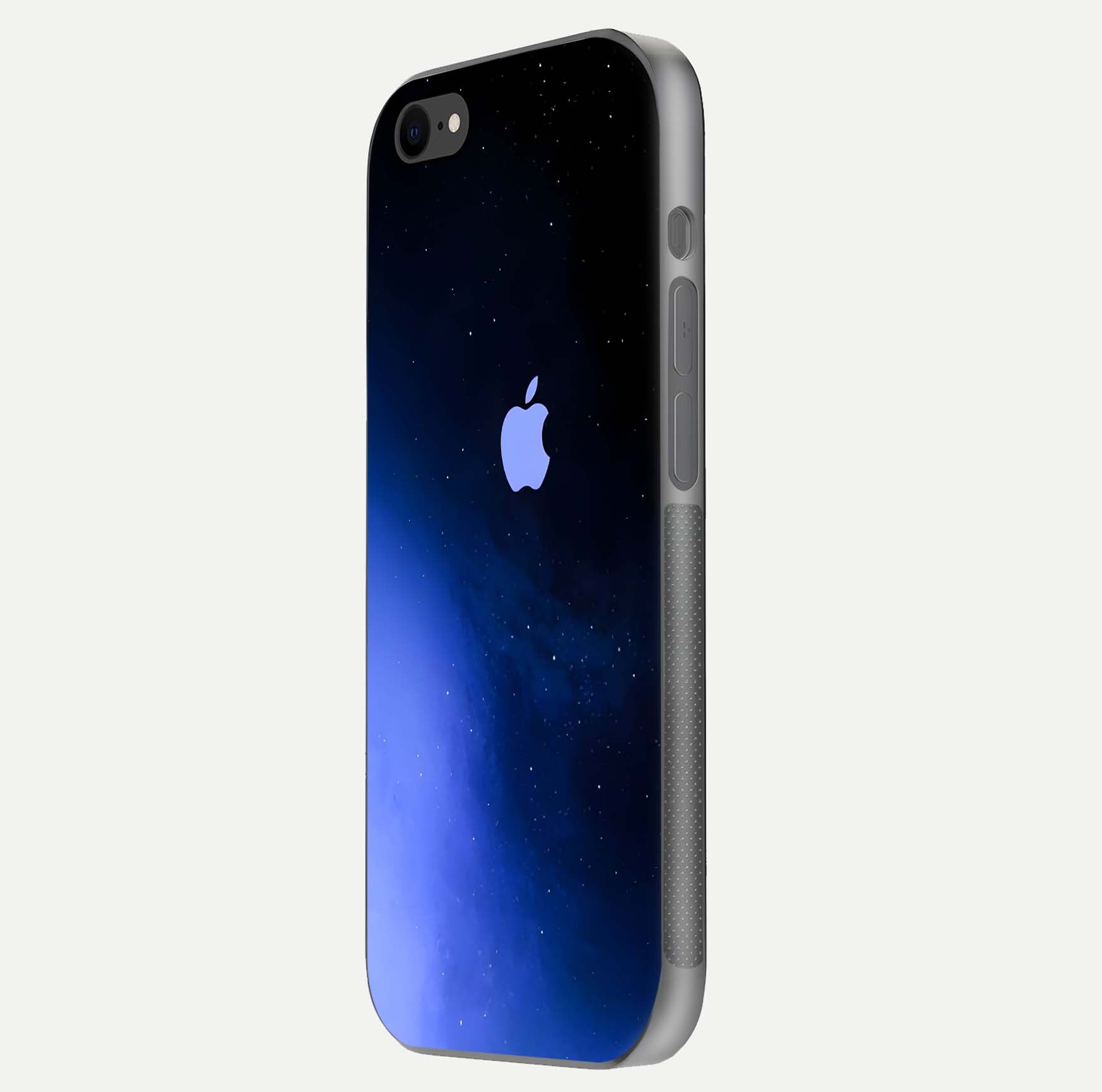 Cosmic Blue Apple Glass Case for iPhone 8 side-angle image showing curve polish and star detail
