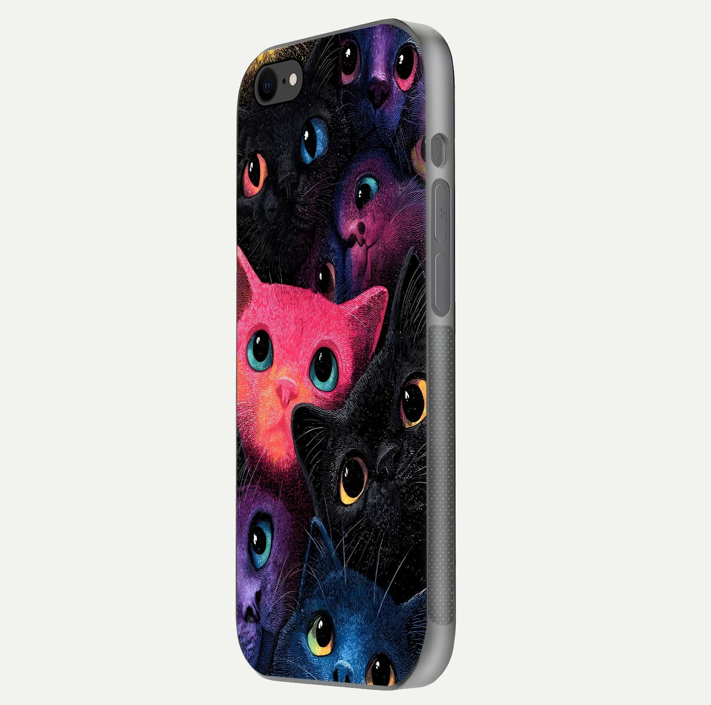Cosmic Cats Dreams Glass Case for iPhone 8 side-angle photo showing edge gloss and color depth