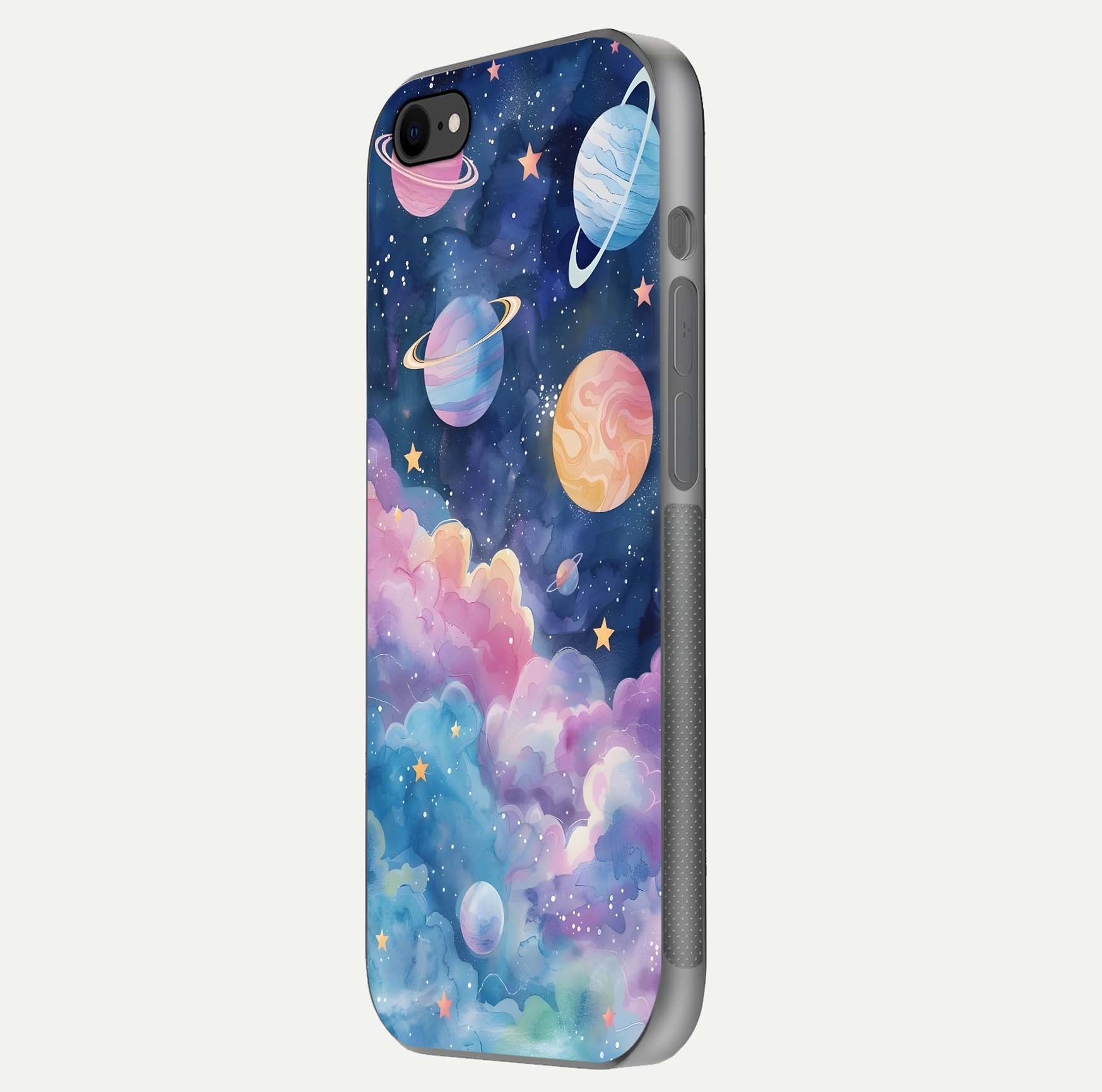 Cosmic Planet Dreams Glass Case for iPhone 8 side-angle image showing texture clarity and shine