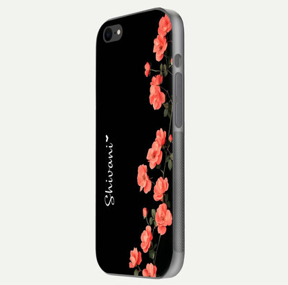 Crimson Bloom Grace Custom Name Glass Case for iPhone 8 side-angle photo capturing edge glow and name clarity