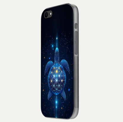 Crimson Blue Turtle Glass Case for iPhone 8 side-angle photo showing curved edge and glass gloss