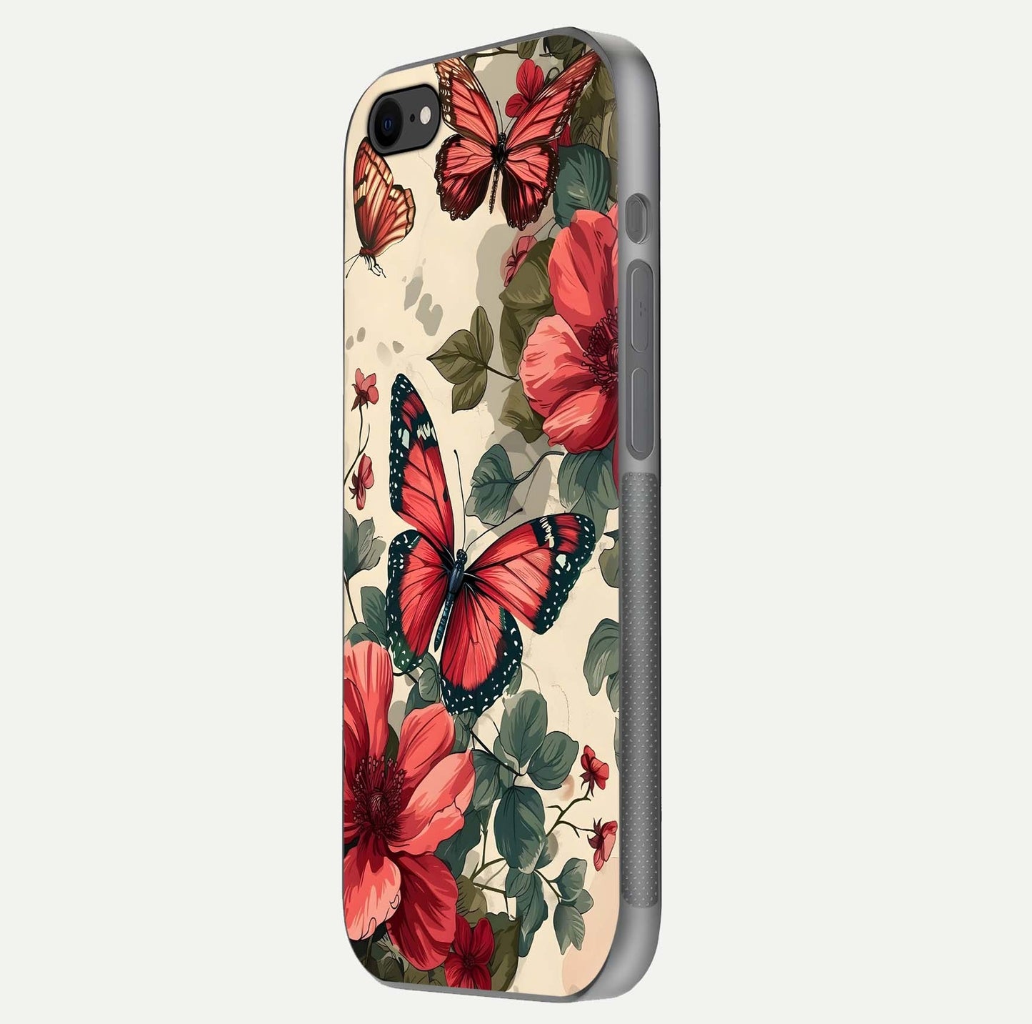 Crimson Butterfly Garden Glass Case for iPhone 8 side-angle photo capturing gloss texture and soft tone