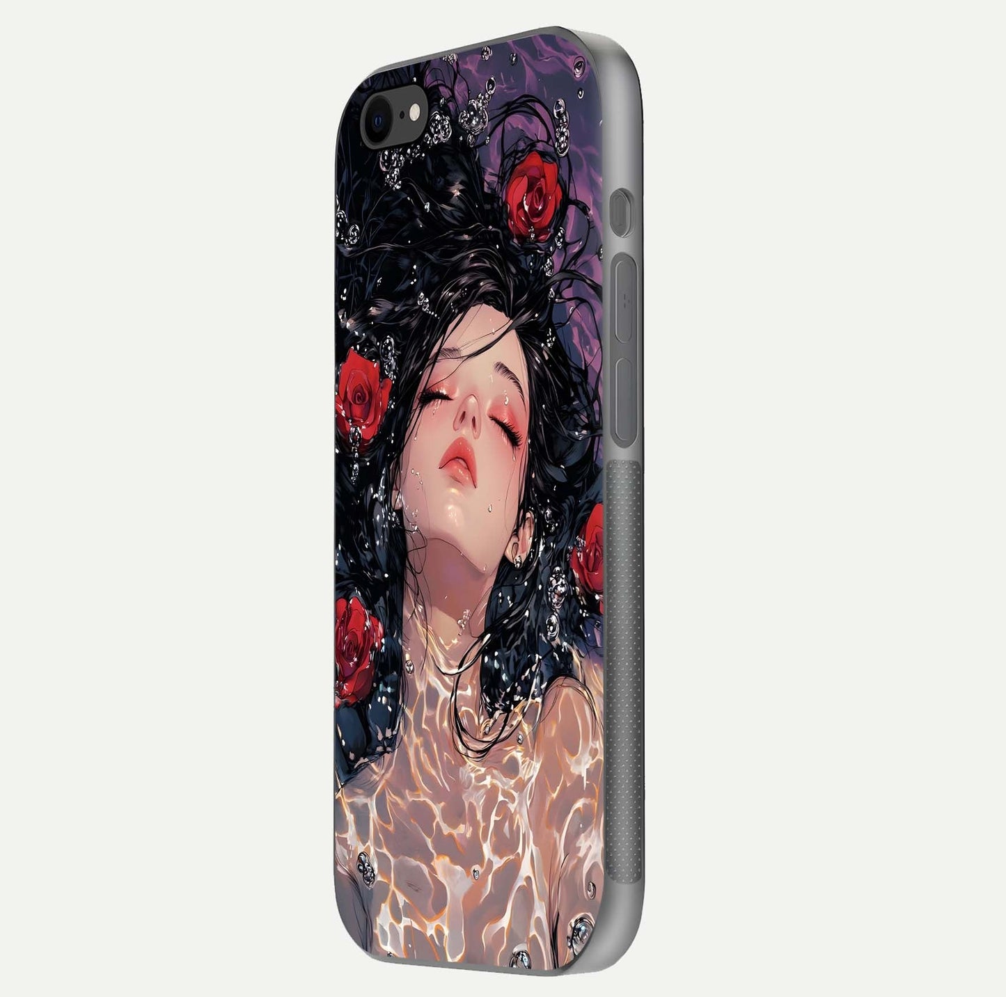 Crimson Rose Serenity Glass Case for iPhone 8 side-angle photo showing glass reflection and soft edges