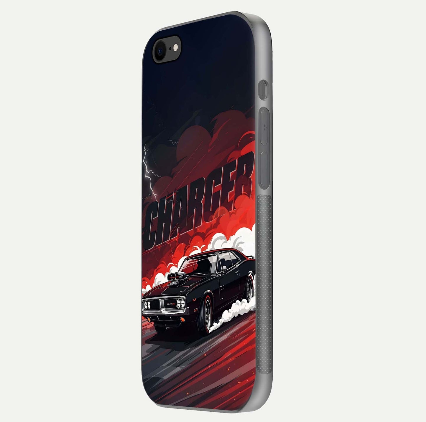 Dark Charger Fury Glass Case for iPhone 8 side-angle image showing edge gloss and bold tone