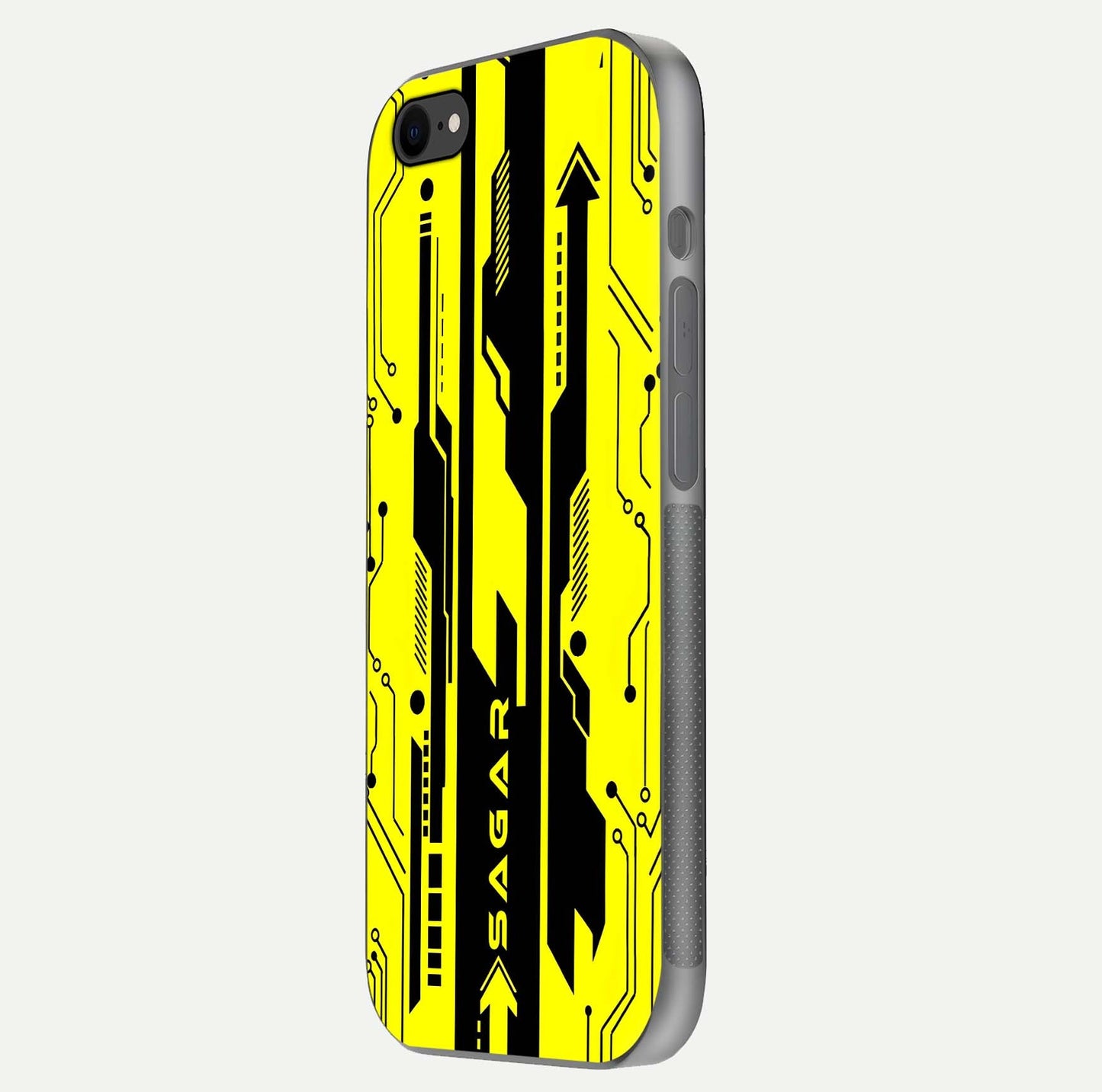 Electric Pulse CYBERPUNK Custom Name Glass Case for iPhone 8 side-angle image showing glossy reflection and edge illumination