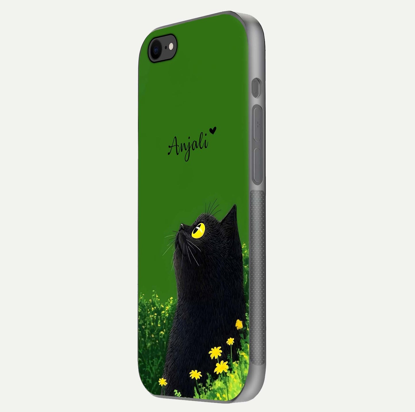 Emerald Cat Custom Name Glass Case for iPhone 8 side-angle photo showing name clarity and glass reflection