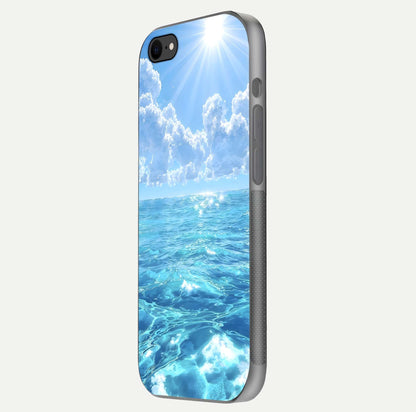 Endless Ocean Horizon Glass Case for iPhone 8 side-angle photo showing reflection glow and wave tone