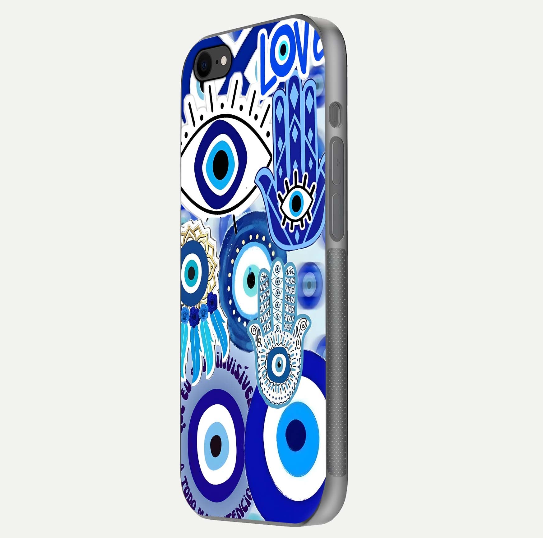 Evil Eyes Dream Glass Case for iPhone 8 side-angle photo capturing smooth edges and reflective texture