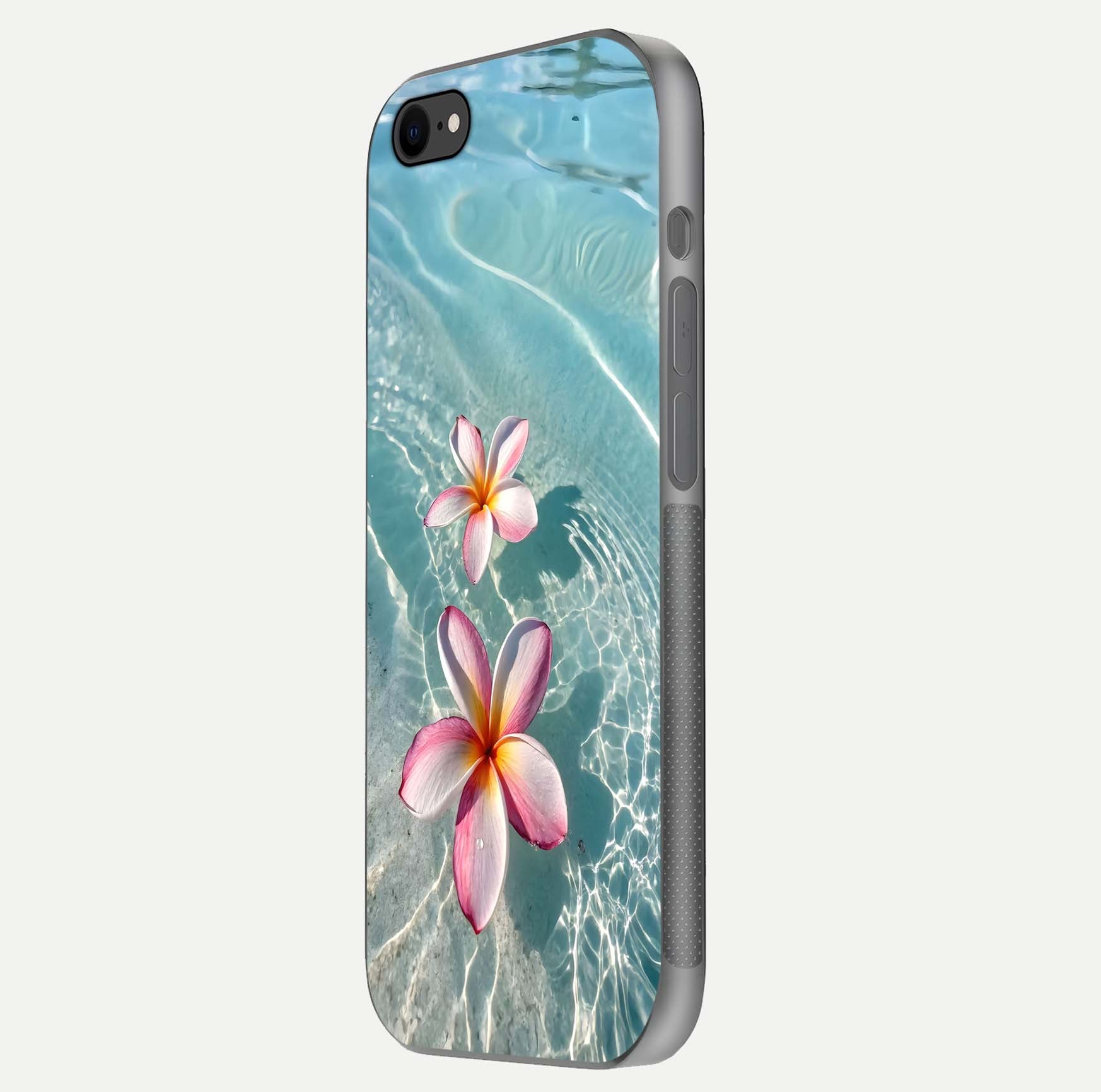 Floating Bloom Bliss Glass Case for iPhone 8 side-angle photo showing smooth reflection and elegant curve