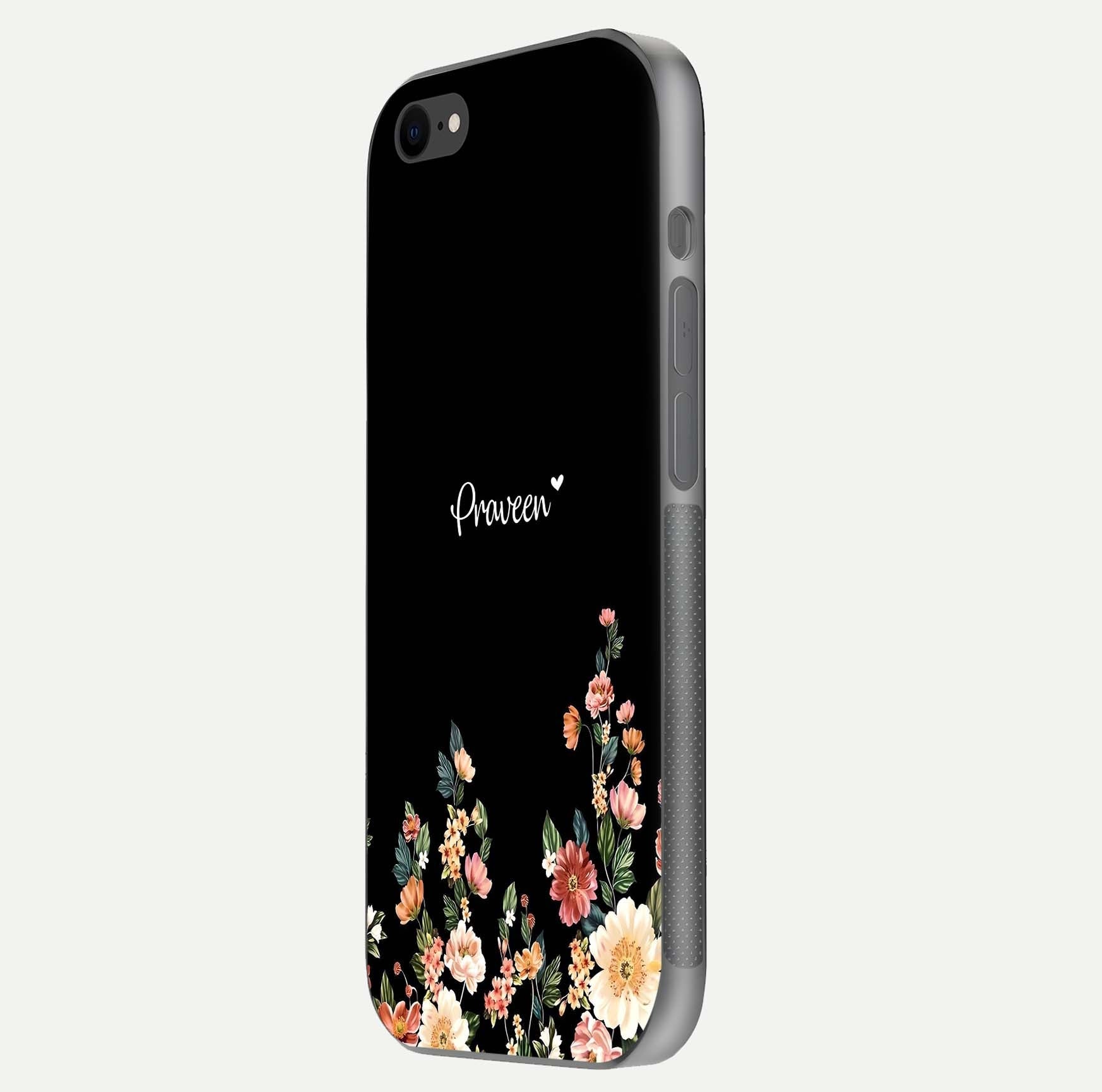 Floral Design Personalized Custom Name Glass Case for iPhone 8 side-angle image showing name alignment and gloss shine