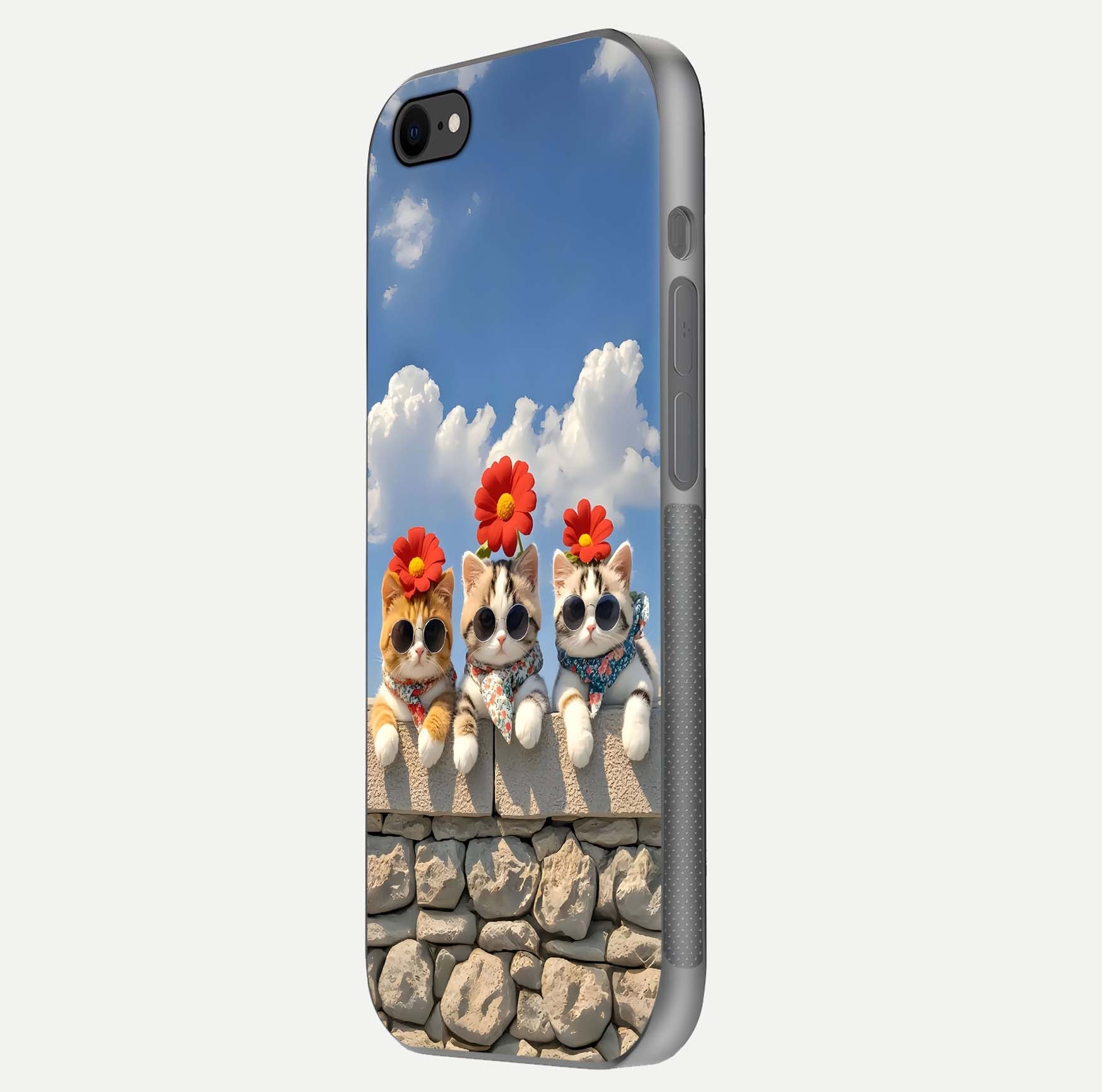 Floral Kitty Squad Glass Case for iPhone 8 side-angle photo showing reflection glow and polished surface