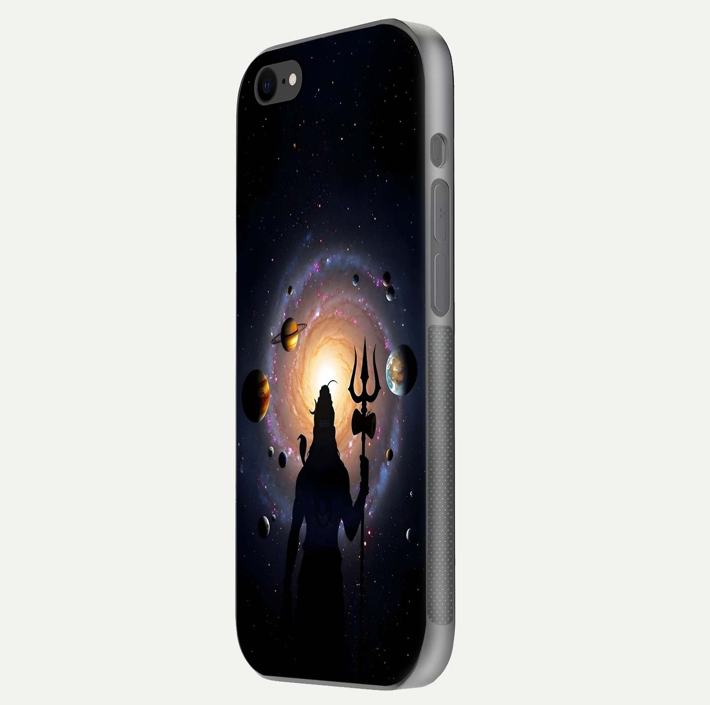 Galactic Shiva Vision Glass Case for iPhone 8 side-angle image showing light reflection, glass edges, and spiritual cosmic theme