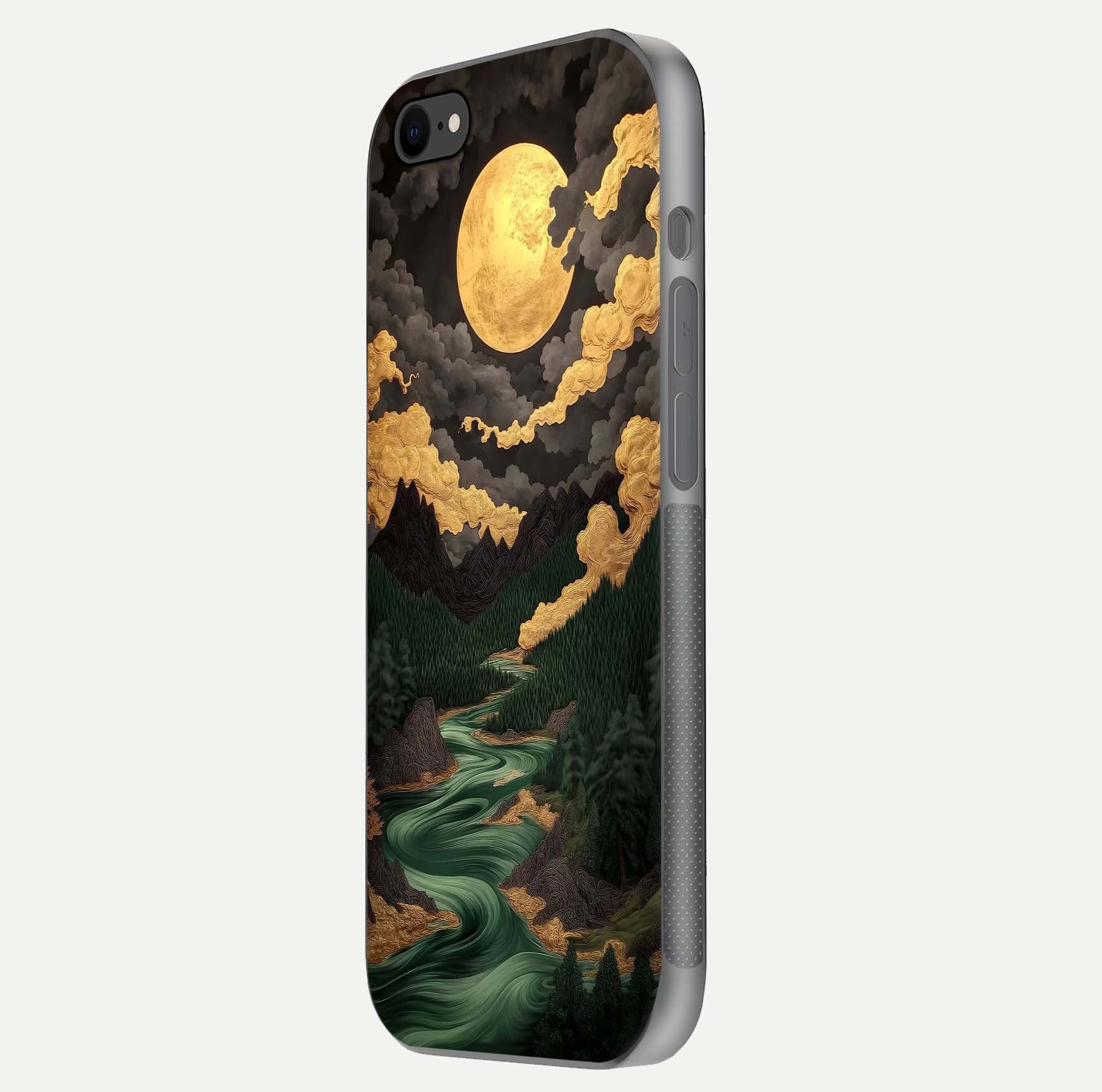 Golden River Moon Glass Case for iPhone 8 side-angle image showing reflection clarity and detailed nightscape