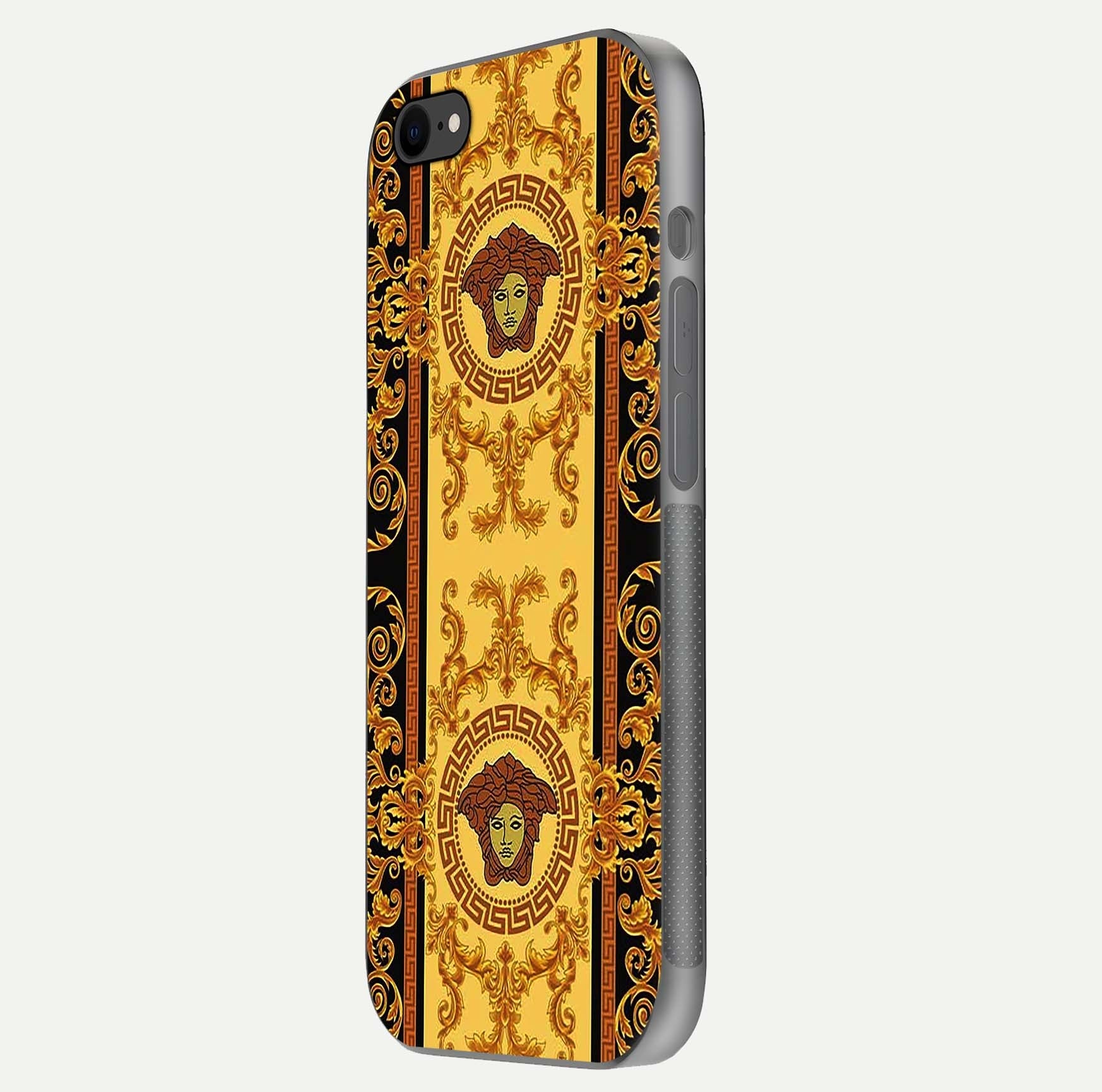 Golden Royal Heritage Glass Case for iPhone 8 side-angle image showing reflection glow and luxury detailing