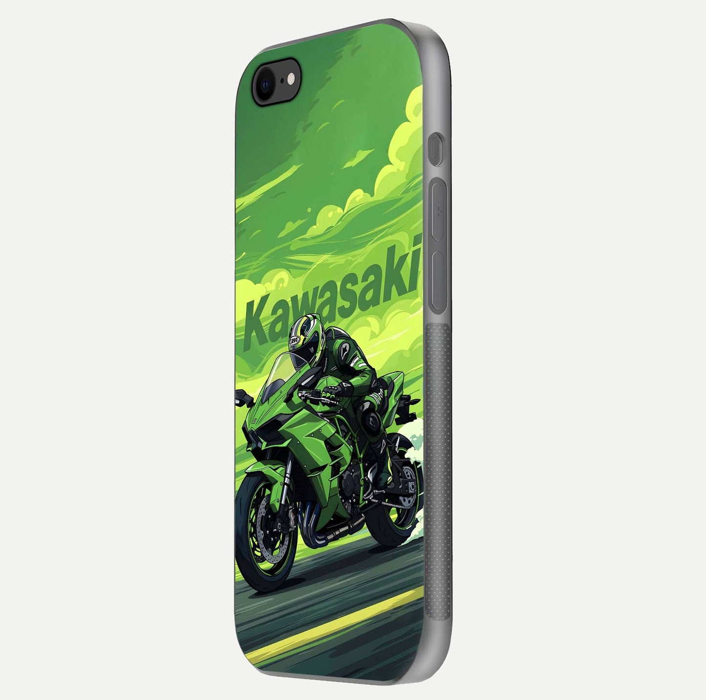 Green Kawasaki Glass Case for iPhone 8 side-angle image showing reflection depth and metallic green accent