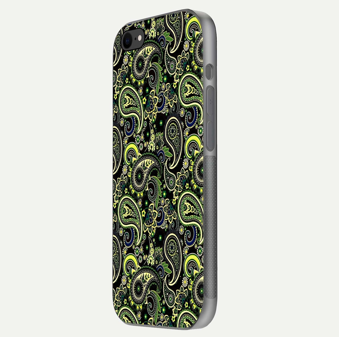 Green Mandala Pattern Glass Case for iPhone 8 side-angle image showing reflection clarity and detailed pattern lines