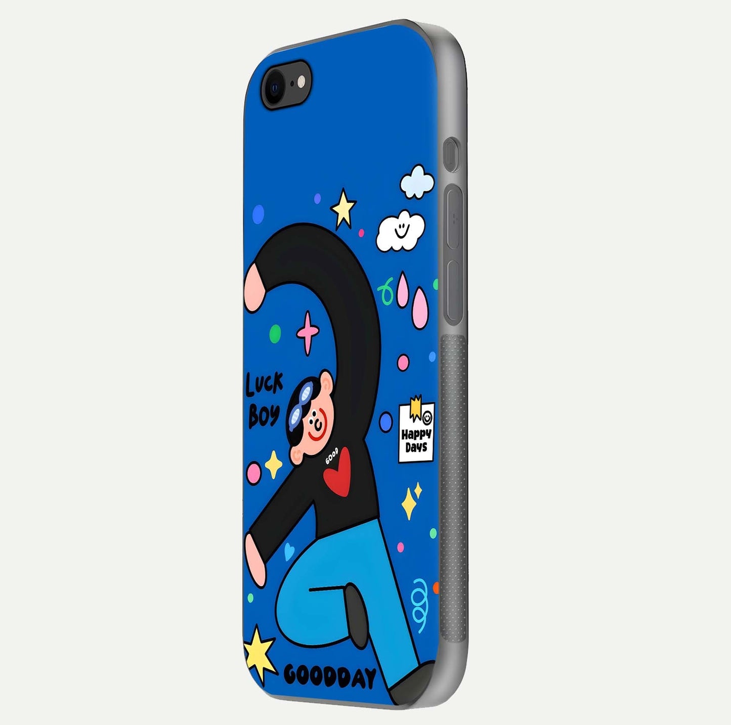 Happy Luck Vibe Glass Case for iPhone 8 side-angle image showing reflection polish and vivid charm design