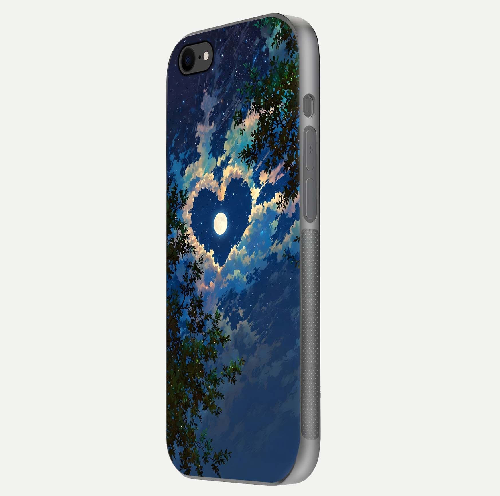 Heart with Moon Sky Glass Case for iPhone 8 side-angle image showing reflection brightness and soft tone finish