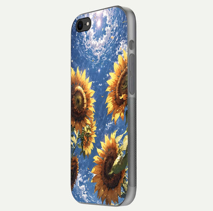 Heavenly Sunflower Rise Glass Case for iPhone 8 side-angle image showing reflection glow and soft yellow tone